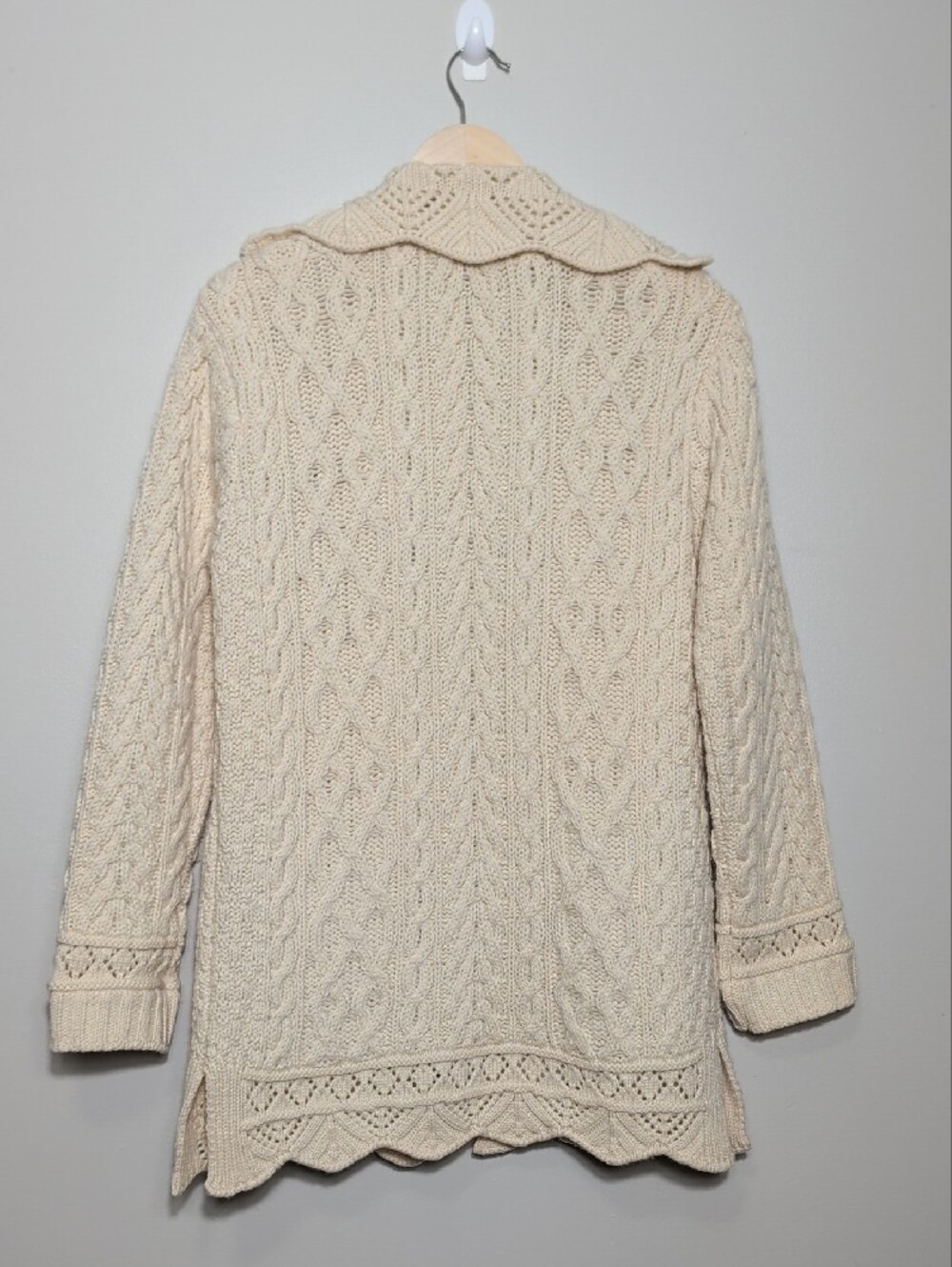 Inis Crafts 100% Merino Wool Cable Knit Long Full Zip Cardigan Sweater Medium - Picture 10 of 14
